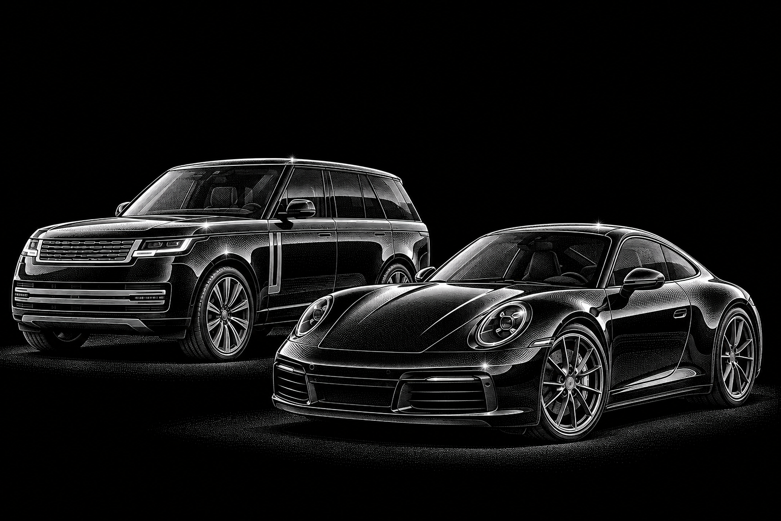 Contemporary Range Rover and Porsche 911, illustrated in a vintage black-and-white advertising style